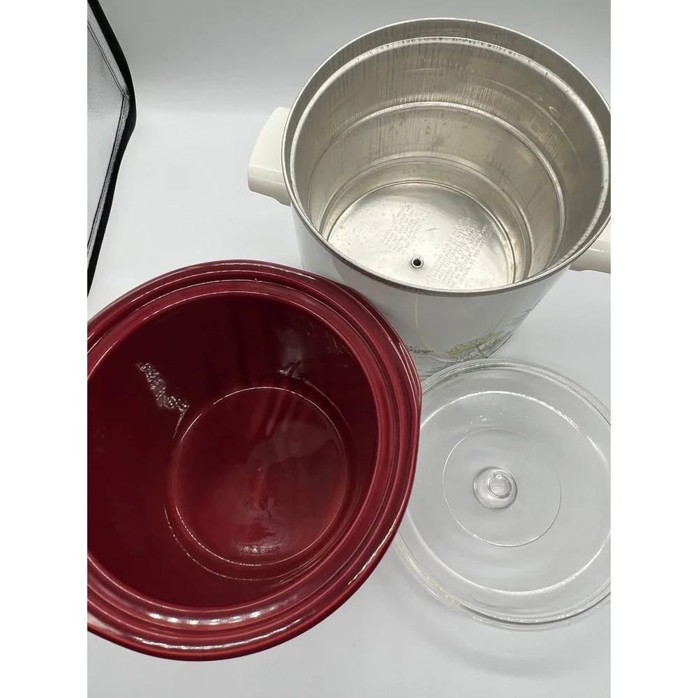 Vintage Rival Crock-Pot Slow Cooker Herb Garden Floral 3.5 Qt White Red Works
